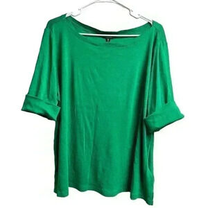 Lauren Ralph Lauren Green Cuff Elbow Sleeve Boat Neck Embroidered Top Size 2X